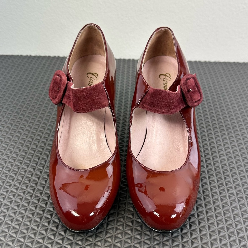 Carmelletes Wine Red Patent Leather Suede Mary Janes Heels Dancing Shoes, Sz 5 - Picture 3 of 12
